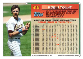 1994 Topps #310 Robin Yount Back