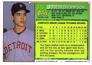 1994 Topps #313 Justin Thompson Back
