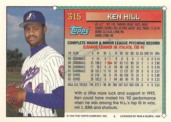 1994 Topps #315 Ken Hill Back