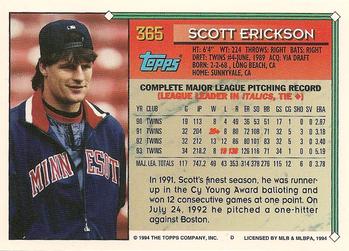 1994 Topps #365 Scott Erickson Back