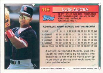 1994 Topps #416 Luis Alicea Back