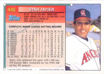 1994 Topps #446 Stan Javier Back