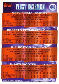1994 Topps #448 1B Prospects (Greg Pirkl / Roberto Petagine / D.J. Boston / Shawn Wooten) Back