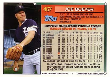 1994 Topps #467 Joe Boever Back