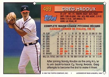 1994 Topps #499 Greg Maddux Back