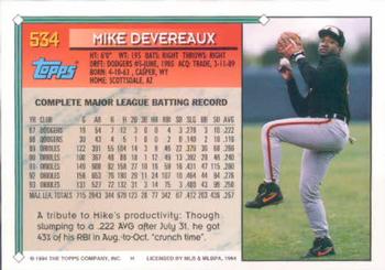 1994 Topps #534 Mike Devereaux Back