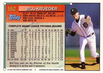 1994 Topps #552 Bill Krueger Back