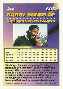 1994 Topps #605 Barry Bonds Back