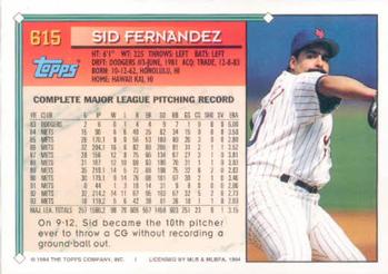1994 Topps #615 Sid Fernandez Back