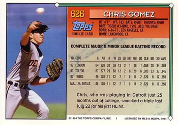 1994 Topps #626 Chris Gomez Back