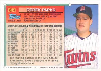 1994 Topps #649 Derek Parks Back