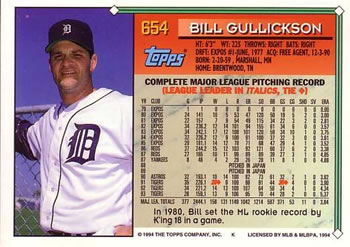 1994 Topps #654 Bill Gullickson Back