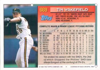 1994 Topps #669 Tim Wakefield Back
