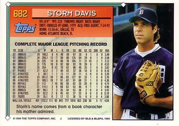 1994 Topps #682 Storm Davis Back