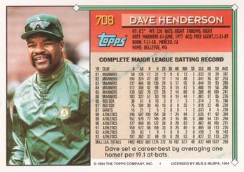 1994 Topps #708 Dave Henderson Back
