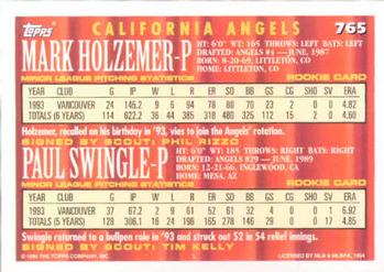 1994 Topps #765 Mark Holzemer / Paul Swingle Back