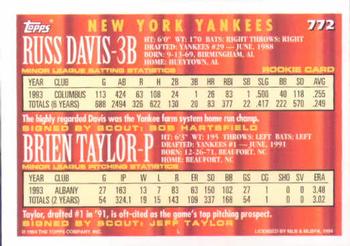1994 Topps #772 Russ Davis / Brien Taylor Back