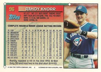 1994 Topps #96 Randy Knorr Back