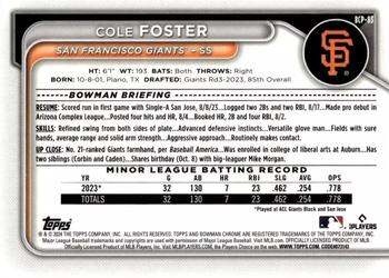 2024 Bowman - Chrome Prospects Aqua Shimmer Refractors #BCP-83 Cole Foster Back