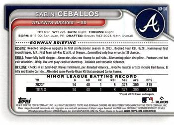 2024 Bowman - Chrome Prospects Black Refractors #BCP-130 Sabin Ceballos Back