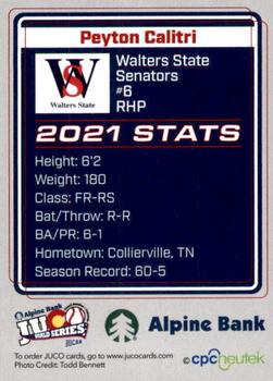2021 Juco World Series Walters State Senators #NNO Peyton Calitri Back