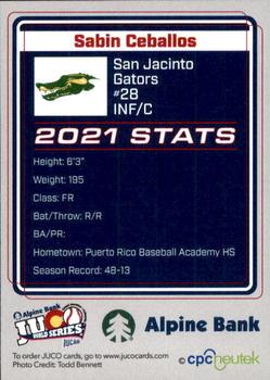 2021 Juco World Series San Jacinto Gators #NNO Sabin Ceballos Back