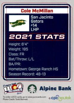 2021 Juco World Series San Jacinto Gators #NNO Cole McMillan Back