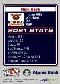 2021 Juco World Series Indian Hills Warriors #NNO Nick Hays Back