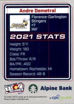 2021 Juco World Series Florence-Darlington Stingers #NNO Andre Demetral Back