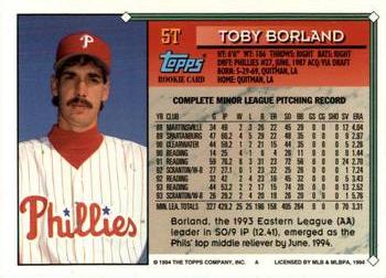 1994 Topps Traded #5T Toby Borland Back