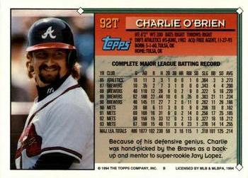 1994 Topps Traded #92T Charlie O'Brien Back