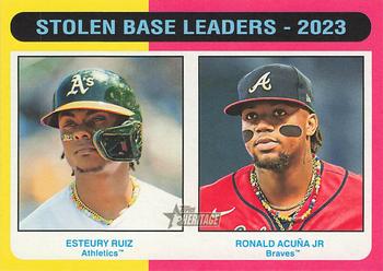 2024 Topps Heritage Mini #309 Stolen Base Leaders - 2023 (Esteury Ruiz / Ronald Acuña Jr.) Front