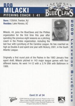 2009 MultiAd Lakewood BlueClaws #31 Bob Milacki Back