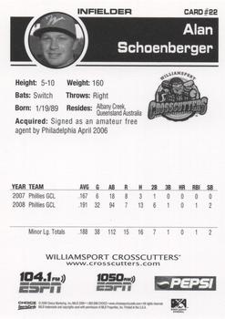 2009 Choice Williamsport Crosscutters #22 Alan Schoenberger Back