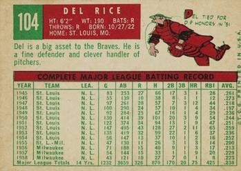 1959 Topps #104 Del Rice Back
