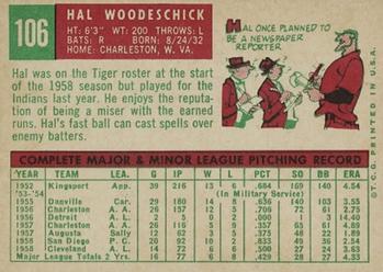 1959 Topps #106 Hal Woodeshick Back