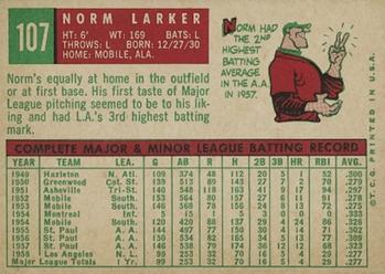 1959 Topps #107 Norm Larker Back
