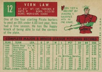 1959 Topps #12 Vern Law Back