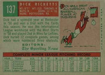 1959 Topps #137 Dick Ricketts Back