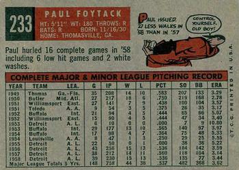 1959 Topps #233 Paul Foytack Back
