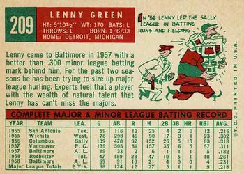 1959 Topps #209 Lenny Green Back