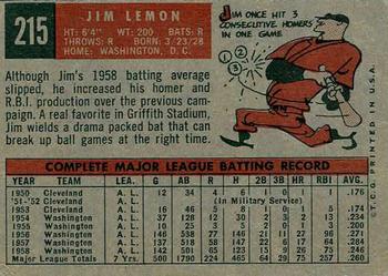 1959 Topps #215 Jim Lemon Back
