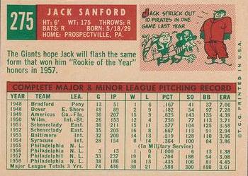 1959 Topps #275 Jack Sanford Back