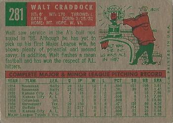 1959 Topps #281 Walt Craddock Back
