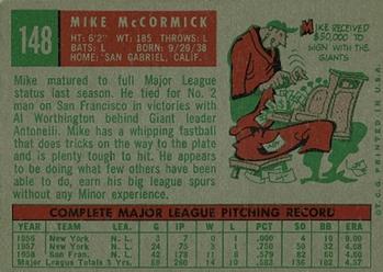 1959 Topps #148 Mike McCormick Back