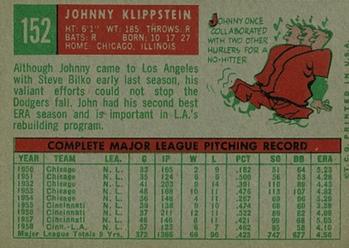 1959 Topps #152 Johnny Klippstein Back