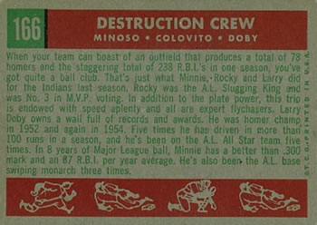 1959 Topps #166 Destruction Crew (Minnie Minoso / Rocky Colavito / Larry Doby) Back