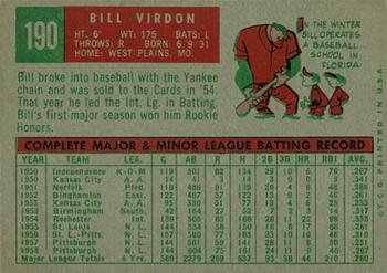 1959 Topps #190 Bill Virdon Back