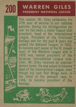 1959 Topps #200 Warren Giles Back