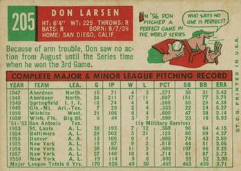 1959 Topps #205 Don Larsen Back